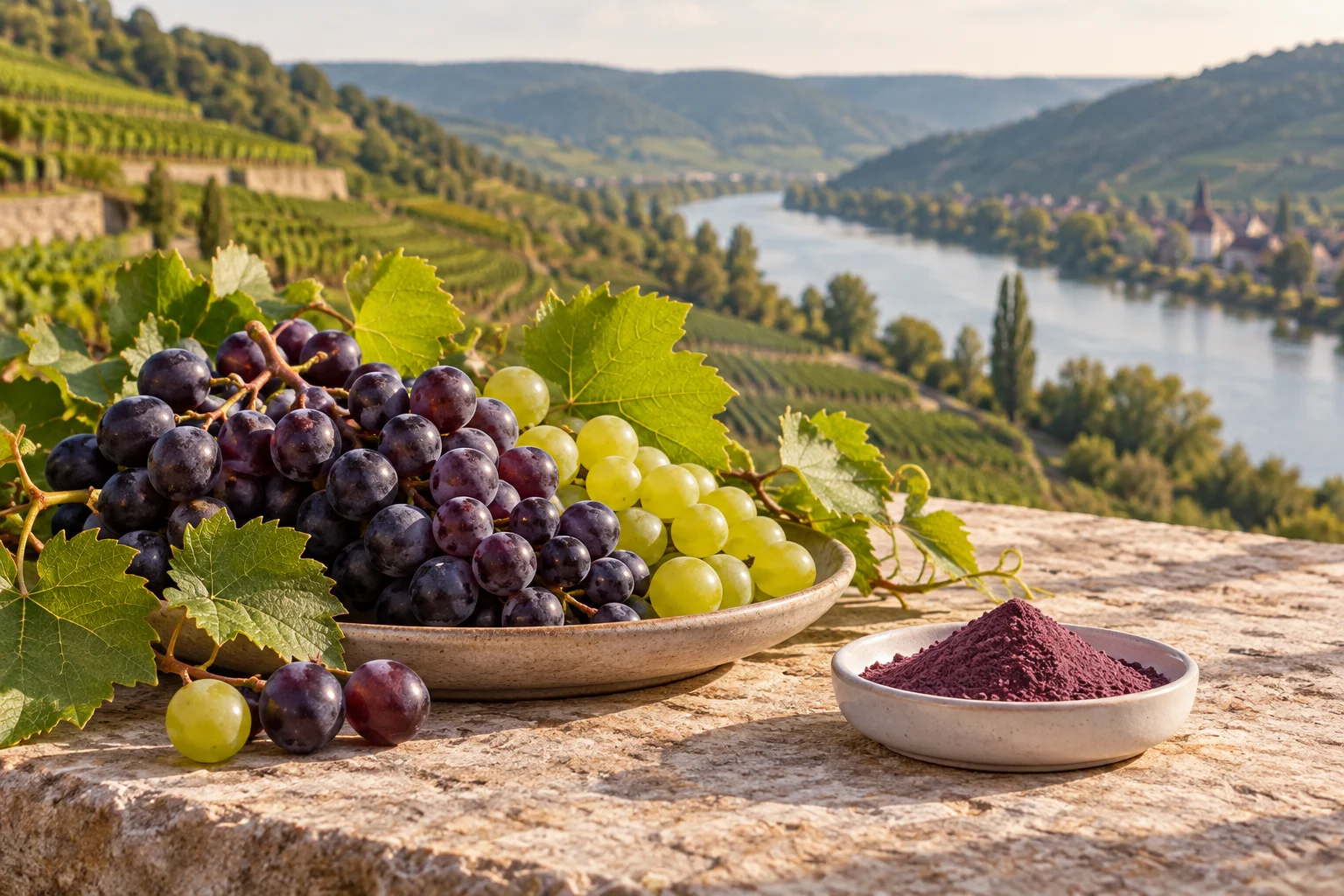 Trauben und symbolisches Traubenpulver vor einer erfundenen Weinlandschaft am Fluss, ohne alkoholische Getränke